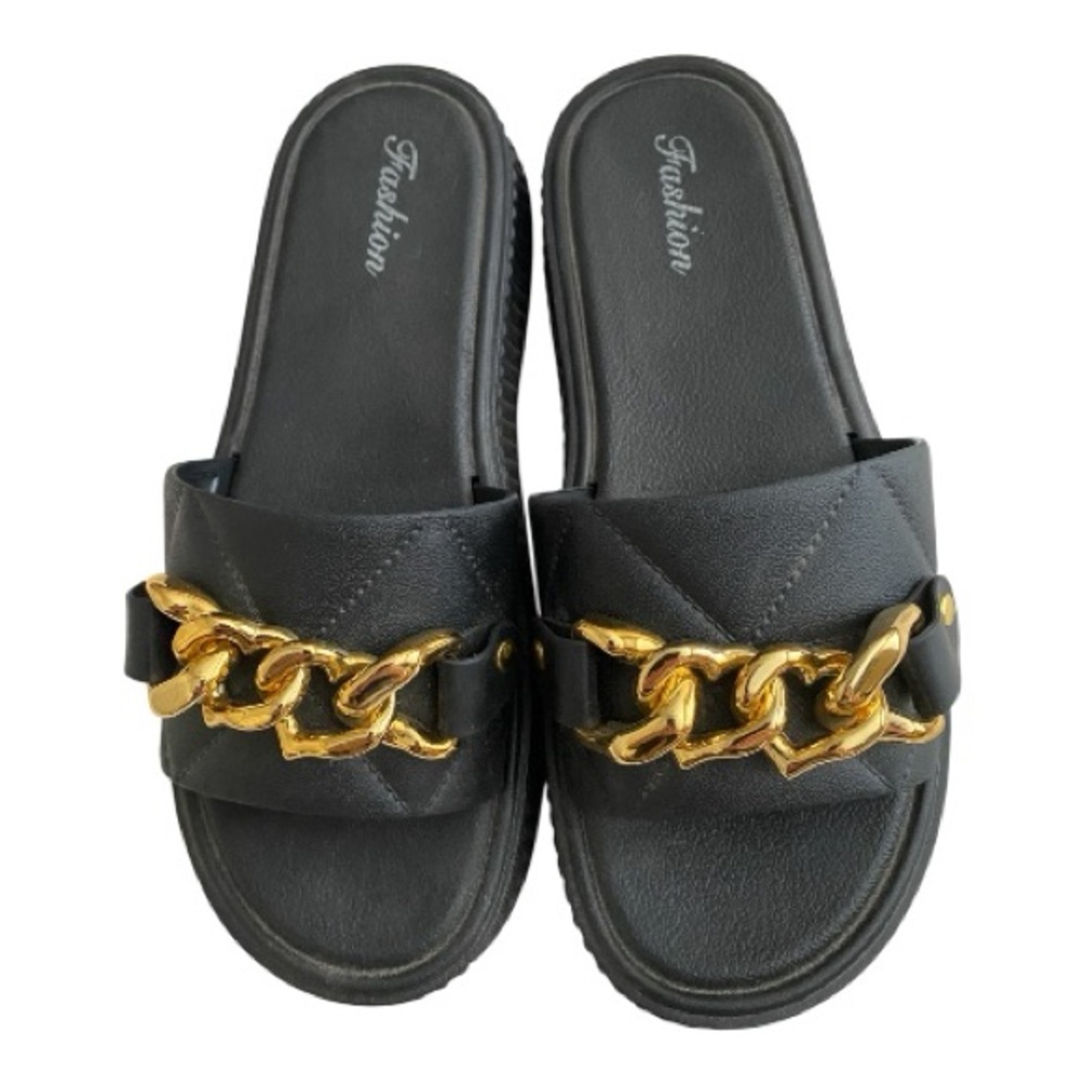 Black Slide Sandals with Gold Chain by Fashion